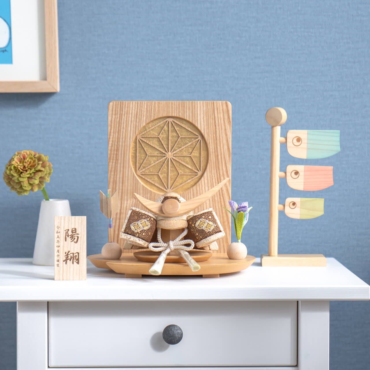 ことの木目込かぶと つき 上杉謙信 木目衝立 麻の葉