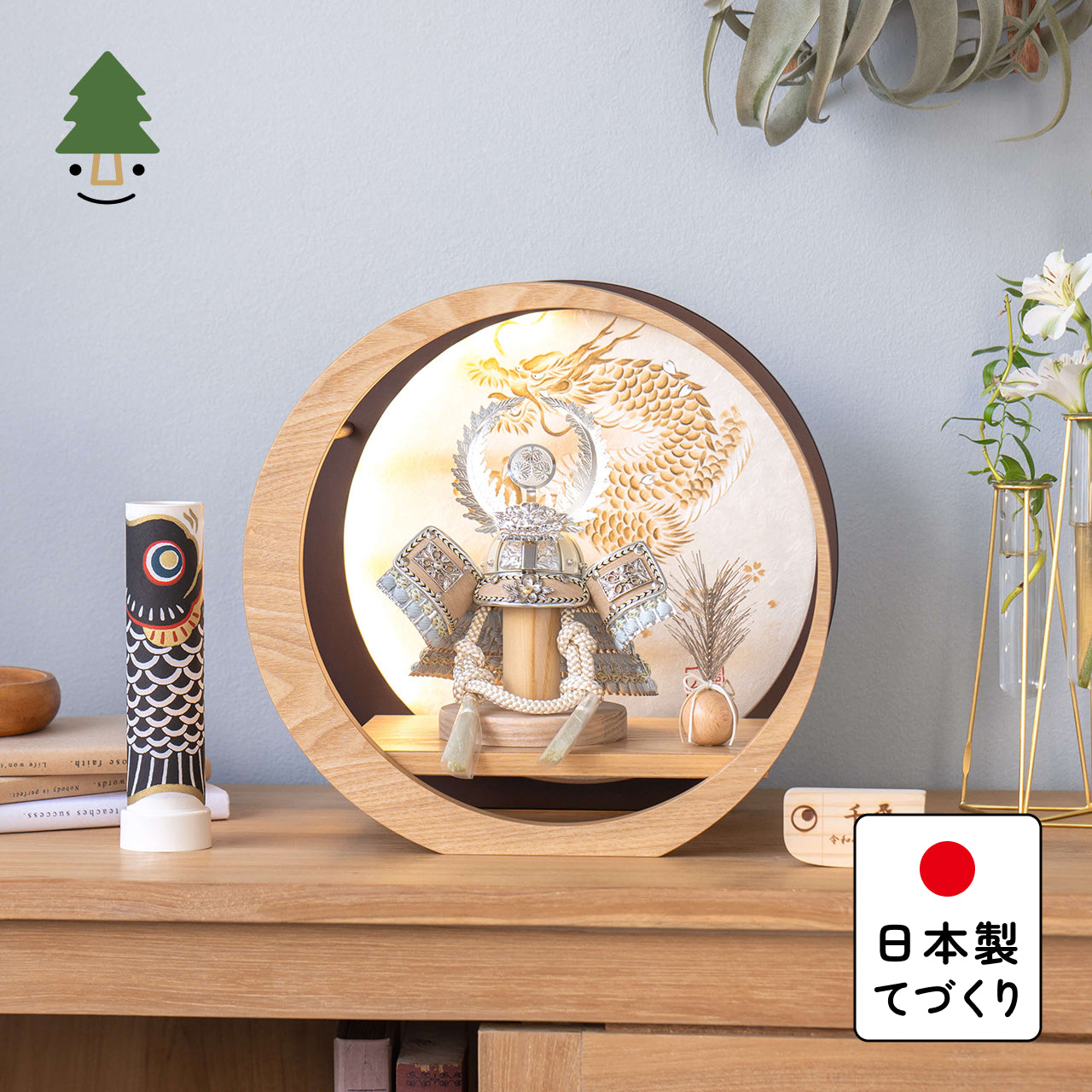ことのオリジナル兜 徳川家康 灯月型飾台 手描龍