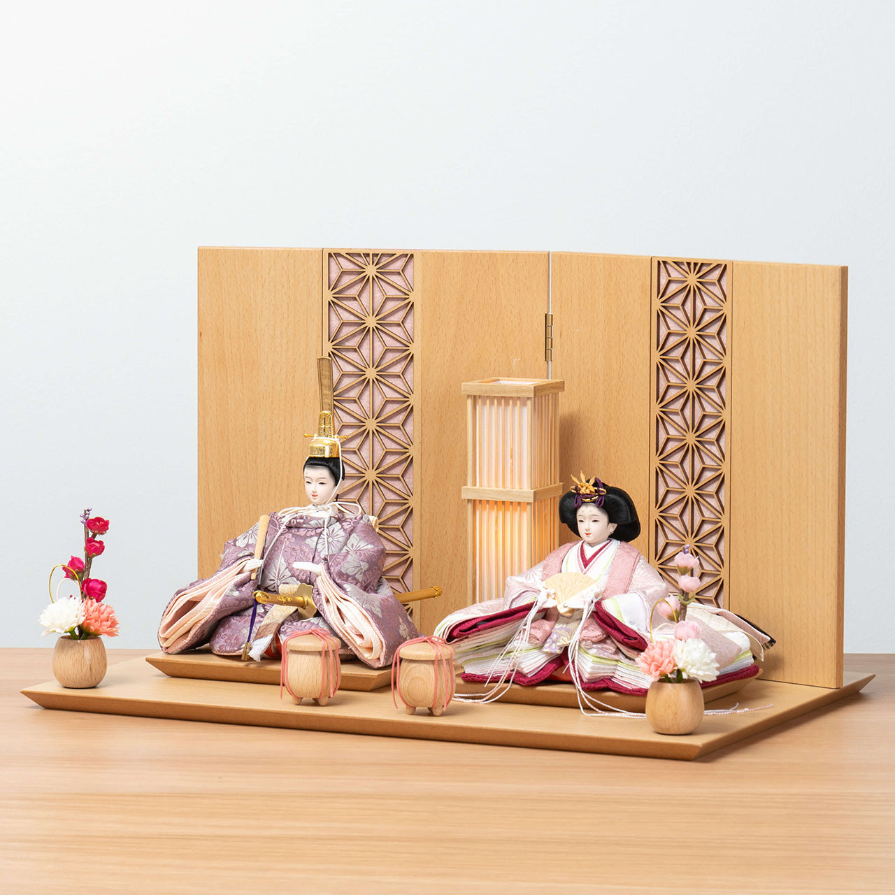 ことのひな人形　ゆい　麻の葉　N平台　ピンク和紙　駿河行燈付